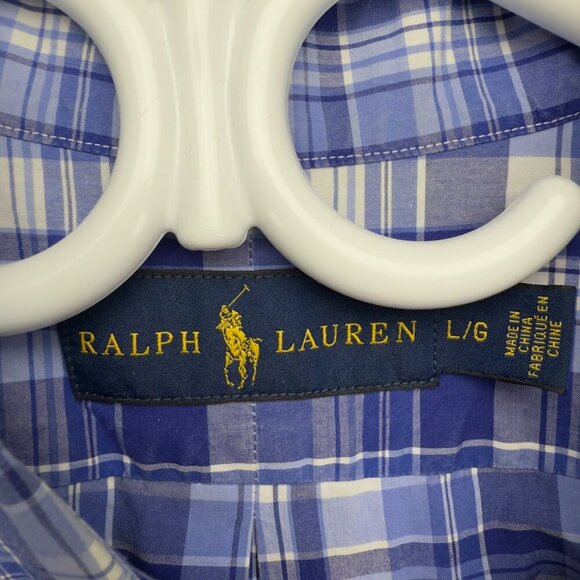 RALPH LAUREN Classic Plaid Short Sleeves Blue & White Button Down Shirt Size L - Picture 3 of 7
